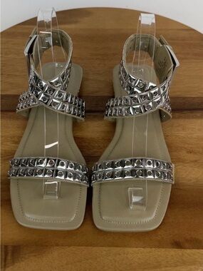 DKNY Silver Studded Ankle-Strap Square Toe Sandals